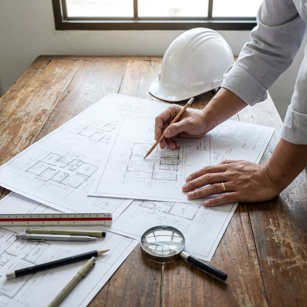 図面を広げて打ち合わせをしている手元