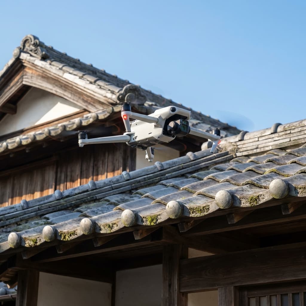 上空からドローンで撮影した屋根の点検風景